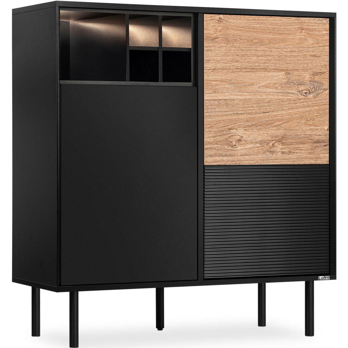 KOMMODE LOFTY Weineinlage, schwarz / Eiche natur - Eichefarben/Schwarz, Holzwerkstoff (102/109/41cm) - KONSIMO®