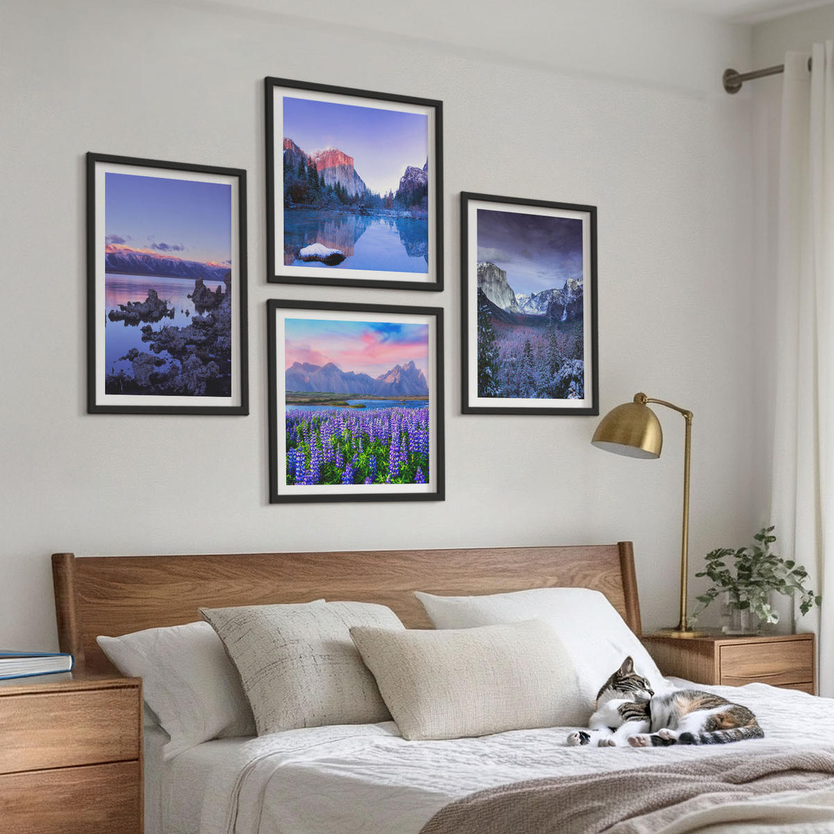 BILDER SET 4er Set - 50x50 cm & 40x60 cm Schwarzer Rahmen - Berglandschaften, Wasser, Blumenfeld - Schwarz, Kunststoff (50/50cm) - TULUP