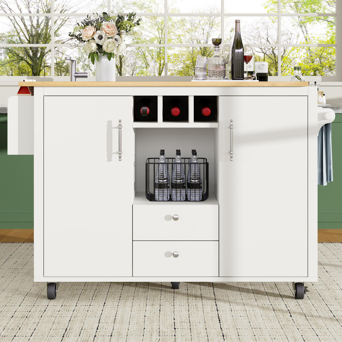 KÜCHENINSEL 137.9x73x92cm aus MDF/Metall mit Klapptisch & Weinregal - Weiß, Holzwerkstoff (137.9/92/73cm) - Modfu