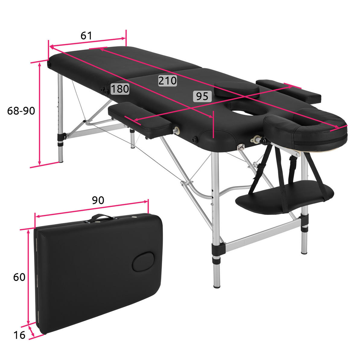 MASSAGELIEGE 2 Zonen, 210 x 95 x 89 cm,schwarz - Schwarz, Metall (60/89/205cm) - tectake