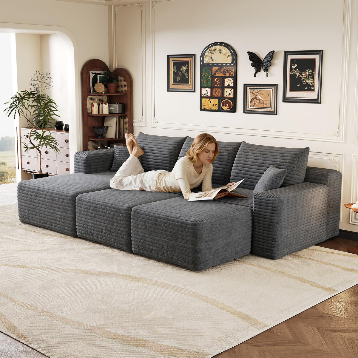 WOHNLANDSCHAFT Cord Dunkelgrau - Grau, Textil (241/58/151cm) - WISHDOR