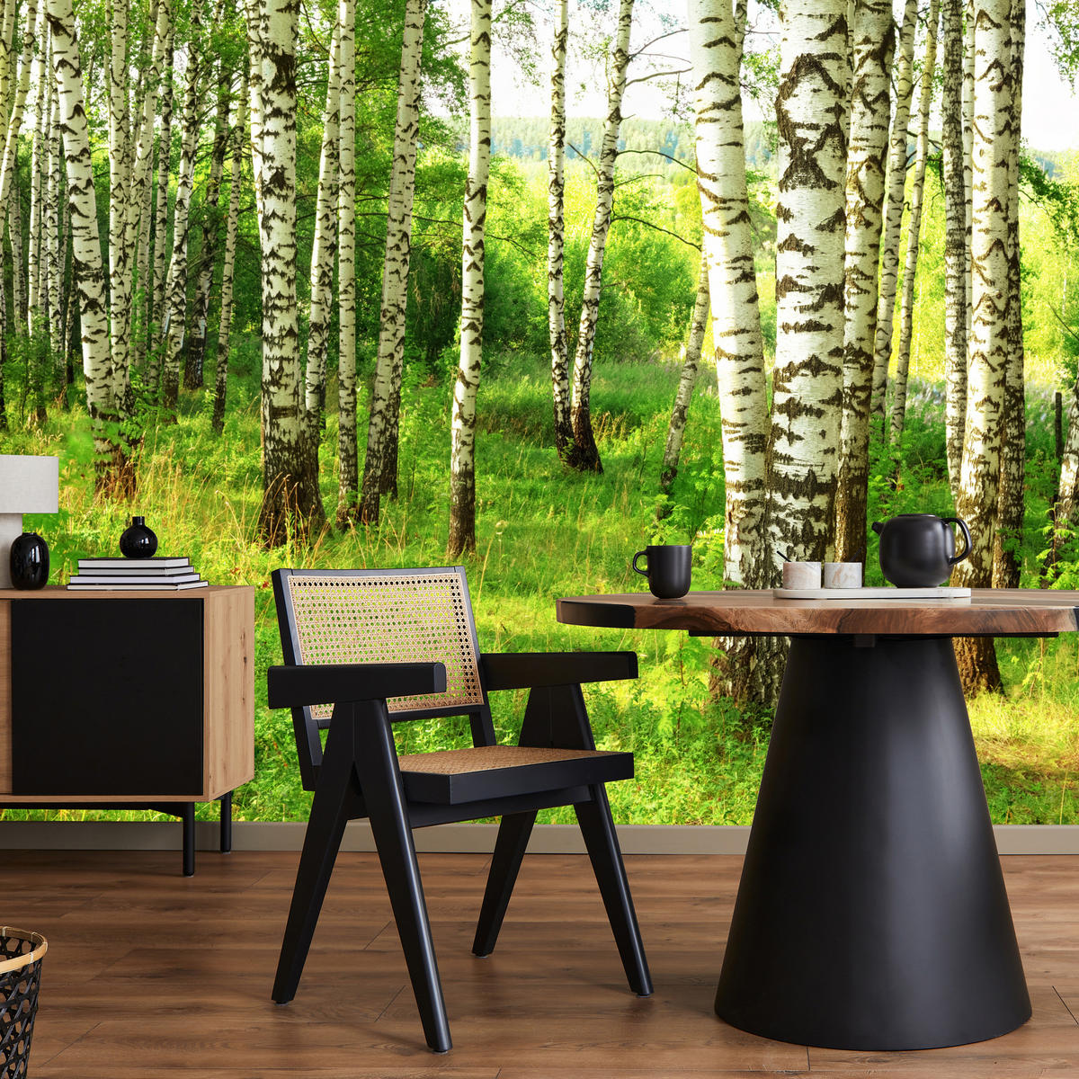 FOTOTAPETE für Esszimmer Birkenwald Bäume Natur 3D 100x70 - Schwarz/Braun, Papier (100/70cm) - Muralo