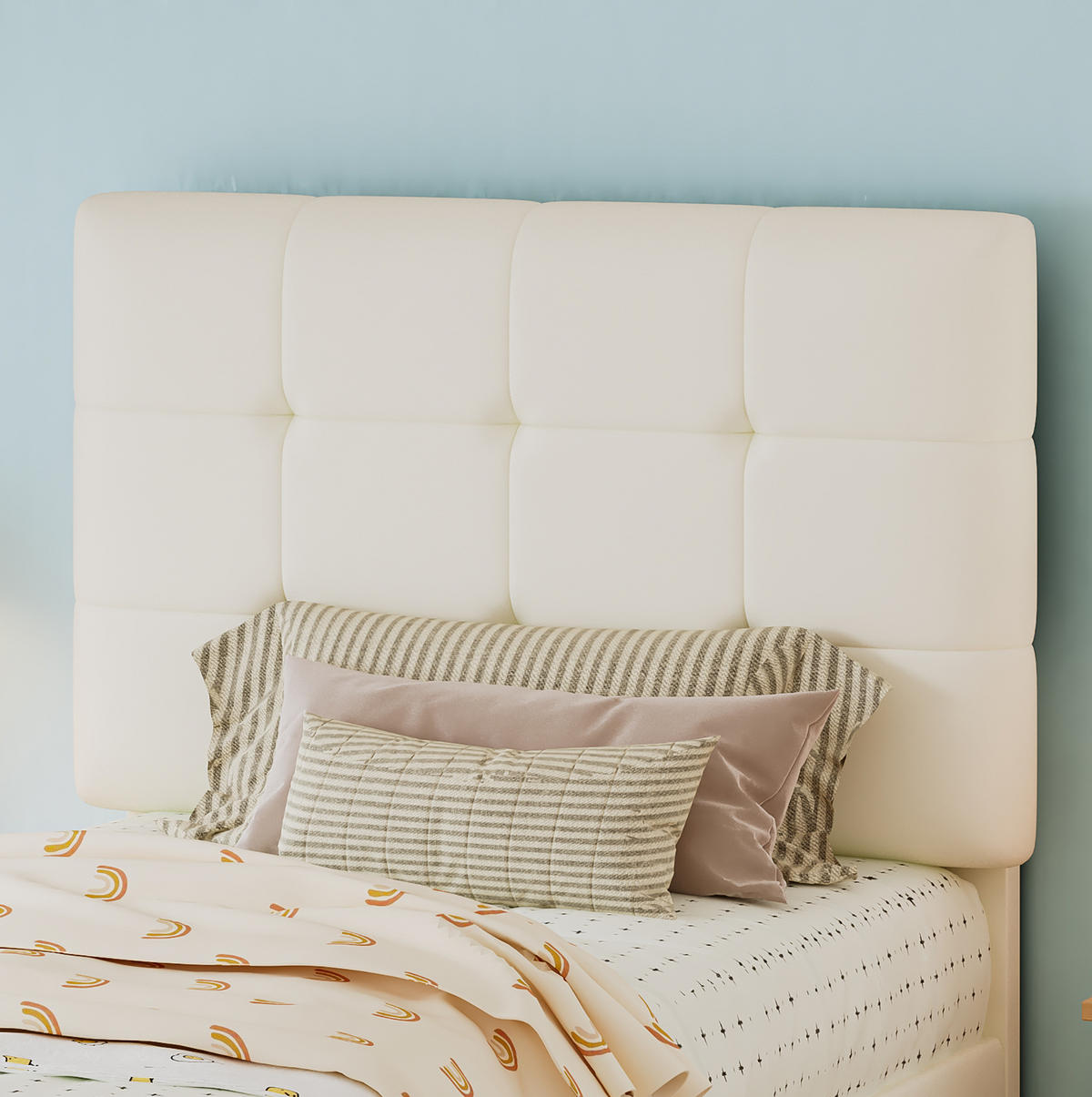 POLSTERBETT 90/200 cm Beige mit gepolstertem Kopfteil und Lattenrost - Beige, Holzwerkstoff (90/200cm) - BEAOK