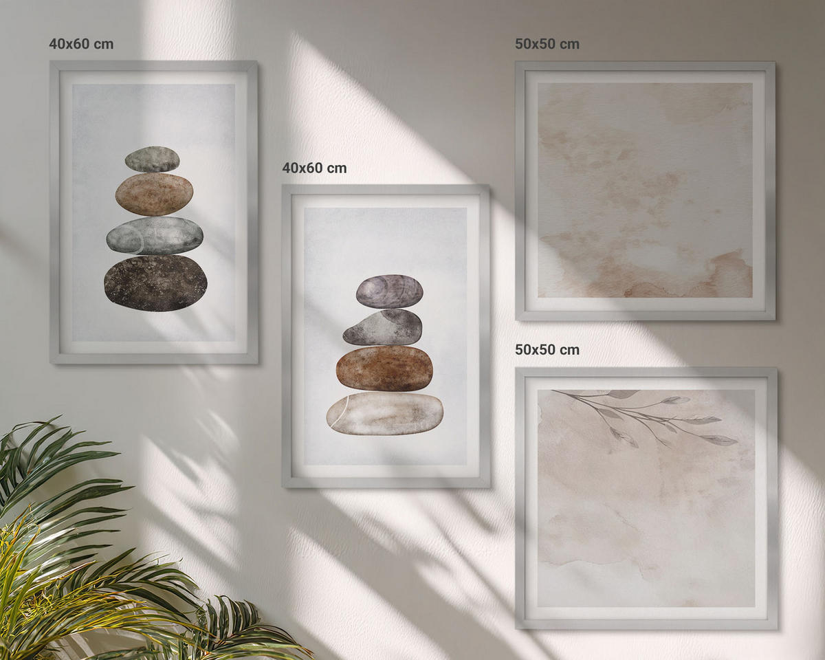 BILDER SET 4er Set - 50x50 cm & 40x60 cm Silberner Rahmen - Steinstapel-Boho-Malerei - Silberfarben, Kunststoff (50/50cm) - TULUP