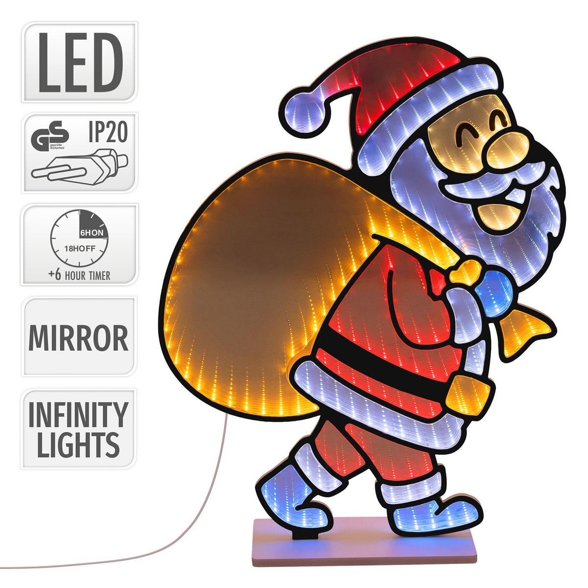 VÁNOČNÍ DEKORACE Santa Claus s pytlem na dárky LED Infinity Mirror 3D efekt s řetězem světel 47x60 cm pro vnitřní použití - různobarevná, plast (47/60/15cm) - ECD-Germany