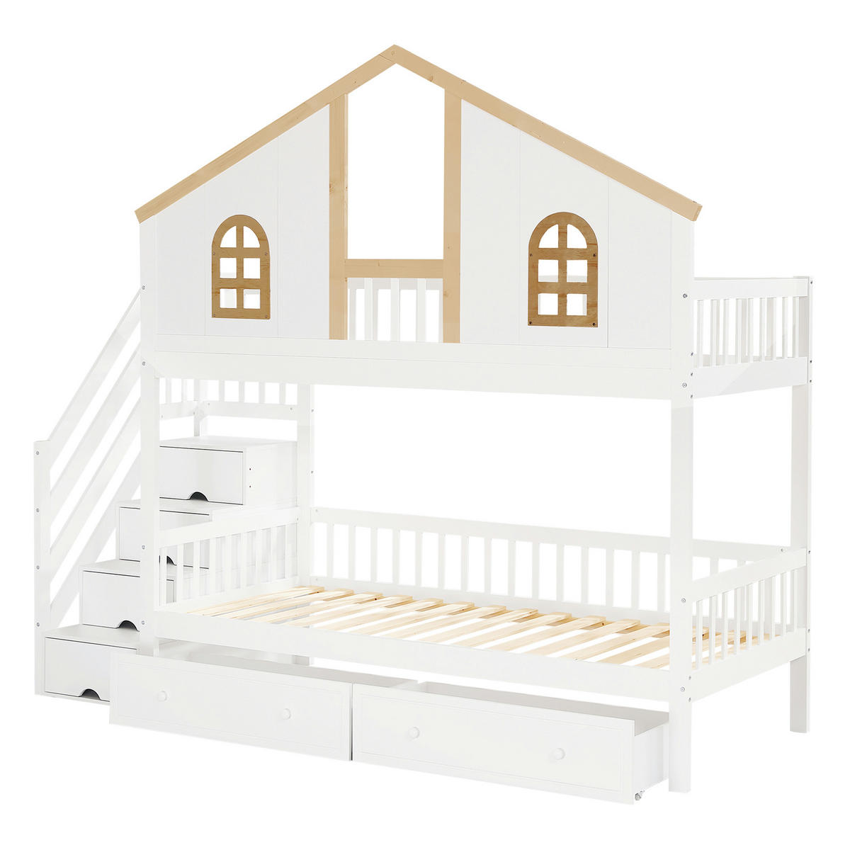 ETAGENBETT Kinderbett 90x200 mit Fenster, Stauraumtreppe und Schubladen, weiß-natur - Weiß, Holz (90/200cm) - Luhomfu