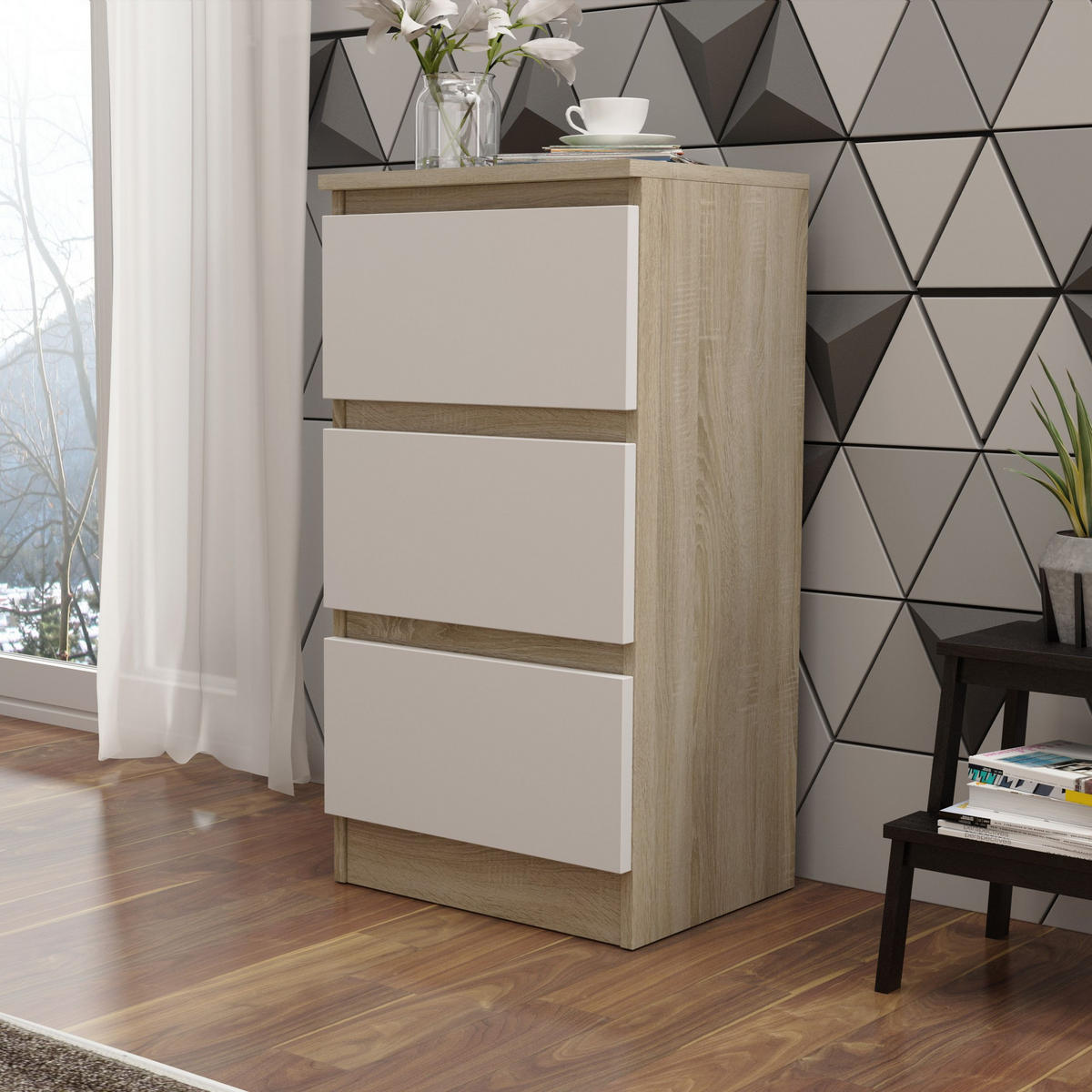 KOMMODE ALLEGRA 40/72/33 cm mit 3 Schubladen Sonoma Eiche - Weiß/Sonoma Eiche, Holzwerkstoff (40/72/33cm) - MASSENO