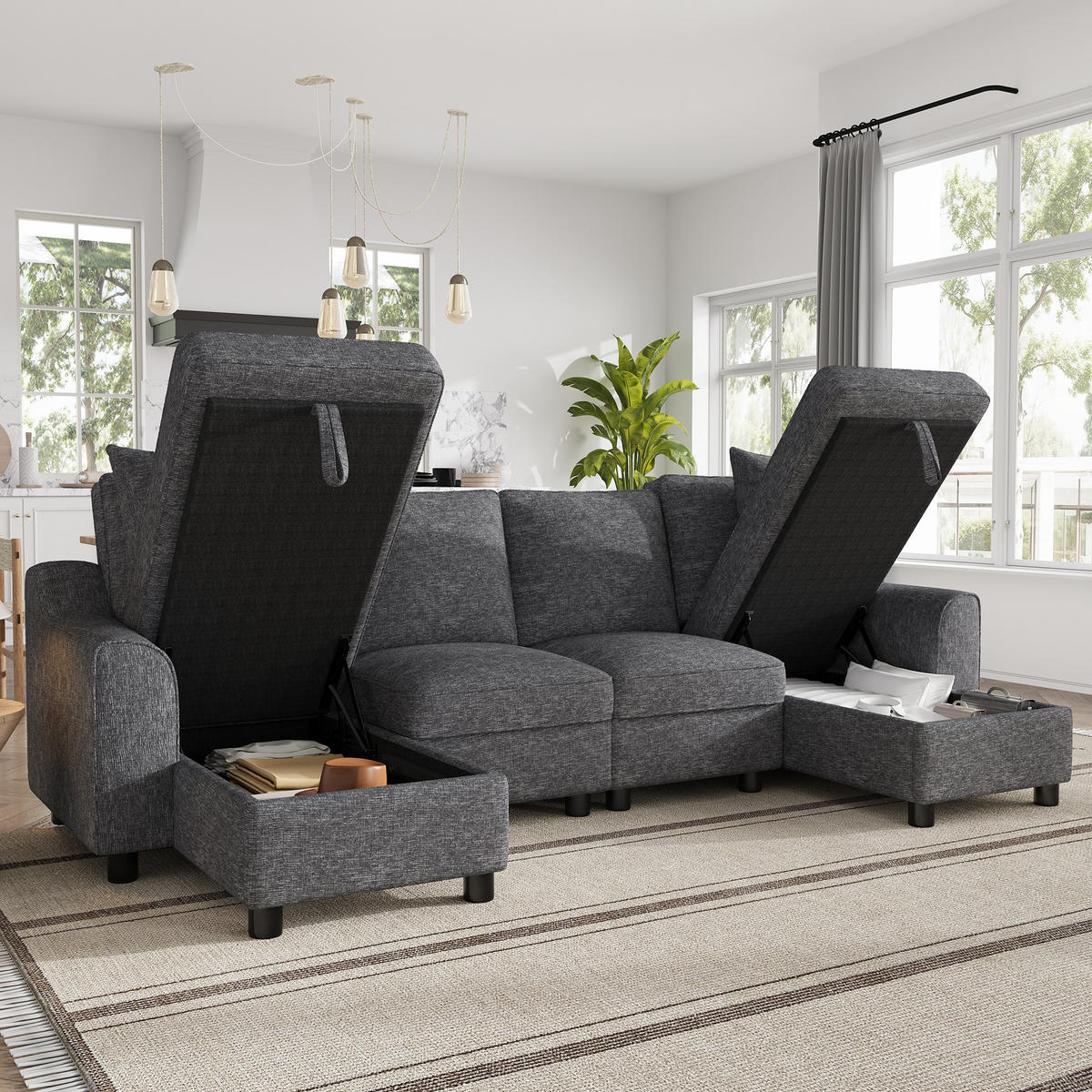 WOHNLANDSCHAFT Chenille Grau mit Stauraum und mit Kissen - Grau, Holzwerkstoff/Kunststoff (280/84/173cm) - WISHDOR
