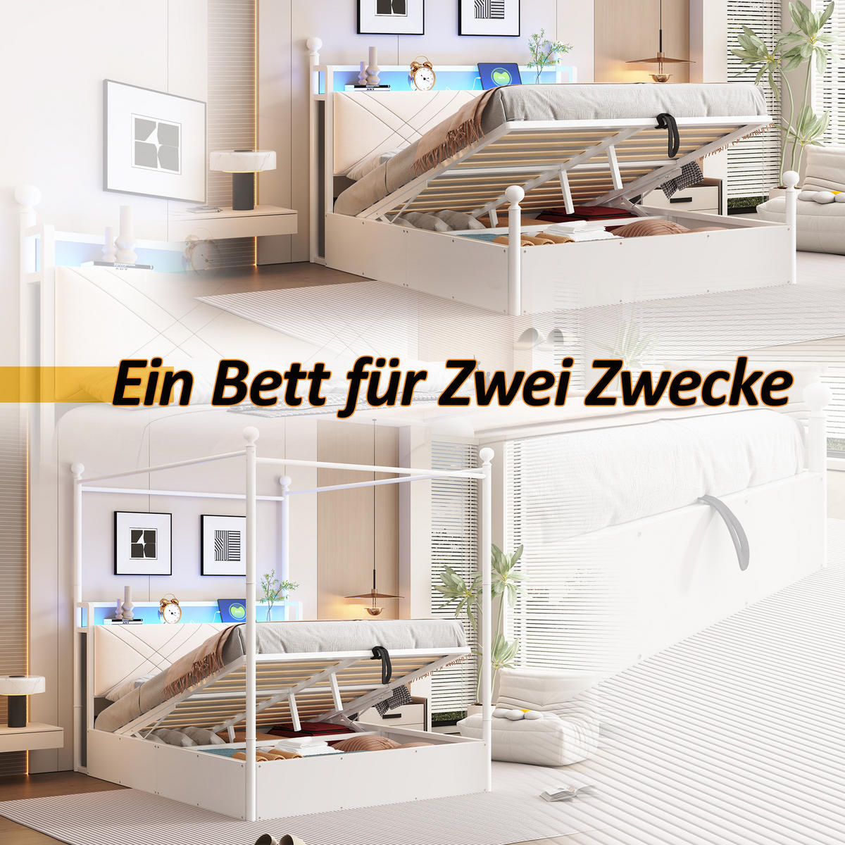 MULTIFUNKČNÍ postel 140/190 cm s odnímatelným nebesovým rámem, LED osvětlením, USB/Type-C a úložným prostorem, Bílá - bílá, kov (140/190cm) - Redom