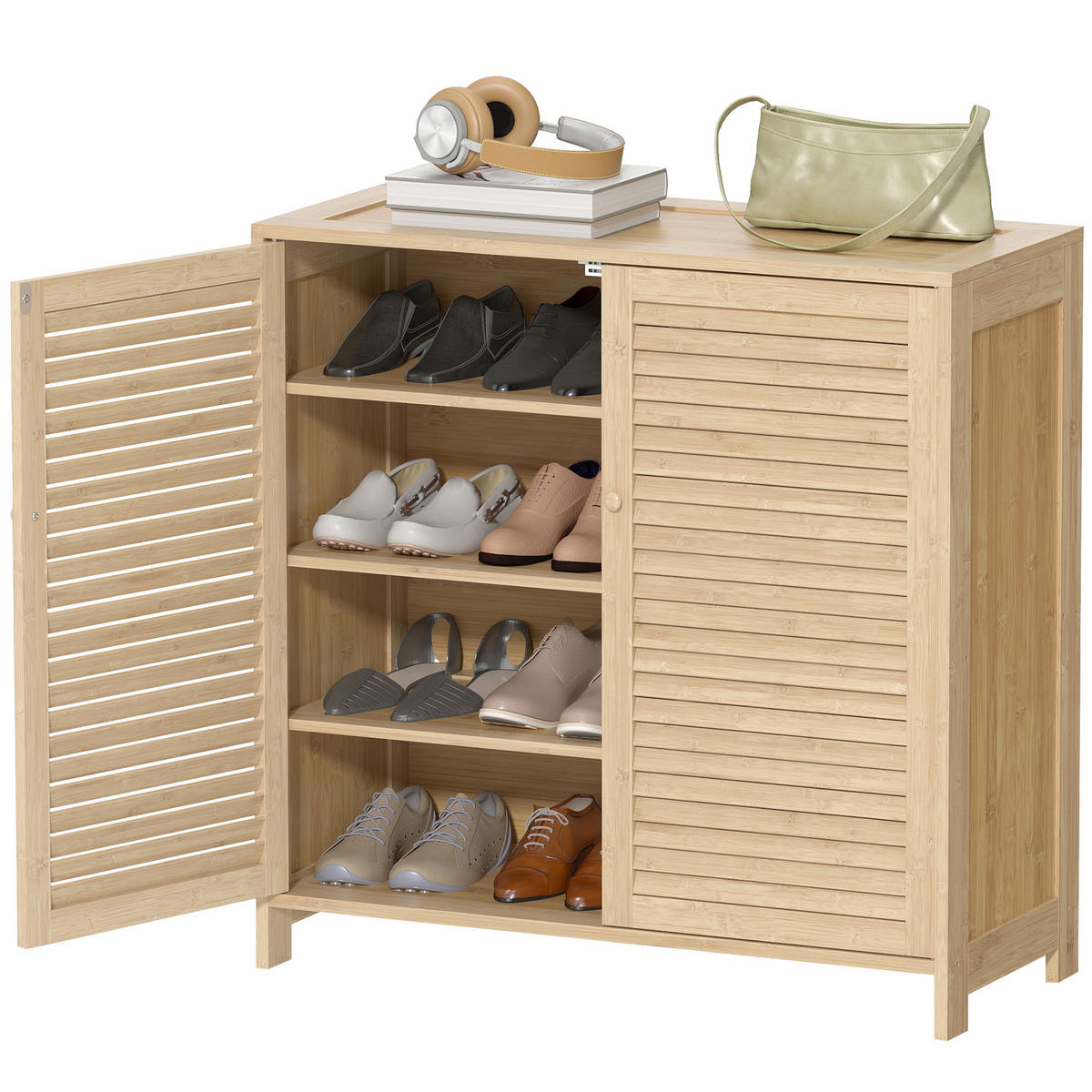 SCHUHSCHRANK,BAMBUS Lamellentüren für 14 Paar,natur - Beige, Holzwerkstoff (80/80/35cm) - Vallsero