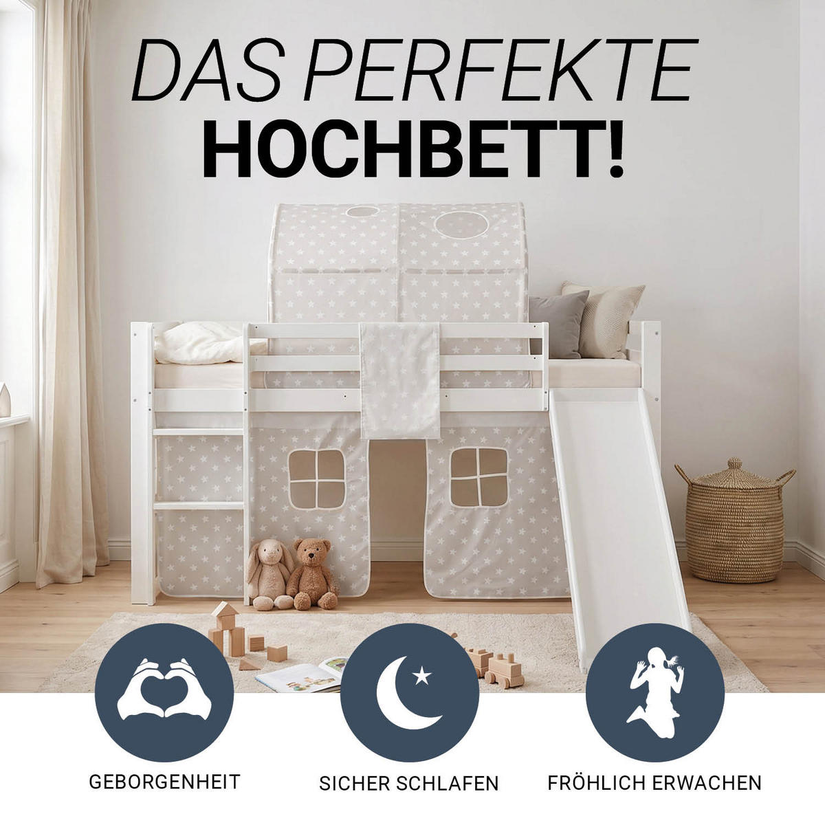 HOCHBETT 90/200 cm in weiß mit Lattenrost und Matratze - Weiß, Holz (90/200cm) - Homestyle4u