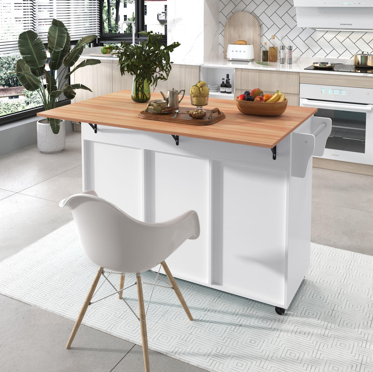 KÜCHENINSEL mit Klapptischplatte 129 x 71 x 91,5 cm MDF Weiß - Weiß, Holz (46/91.5/129cm) - Beauniv