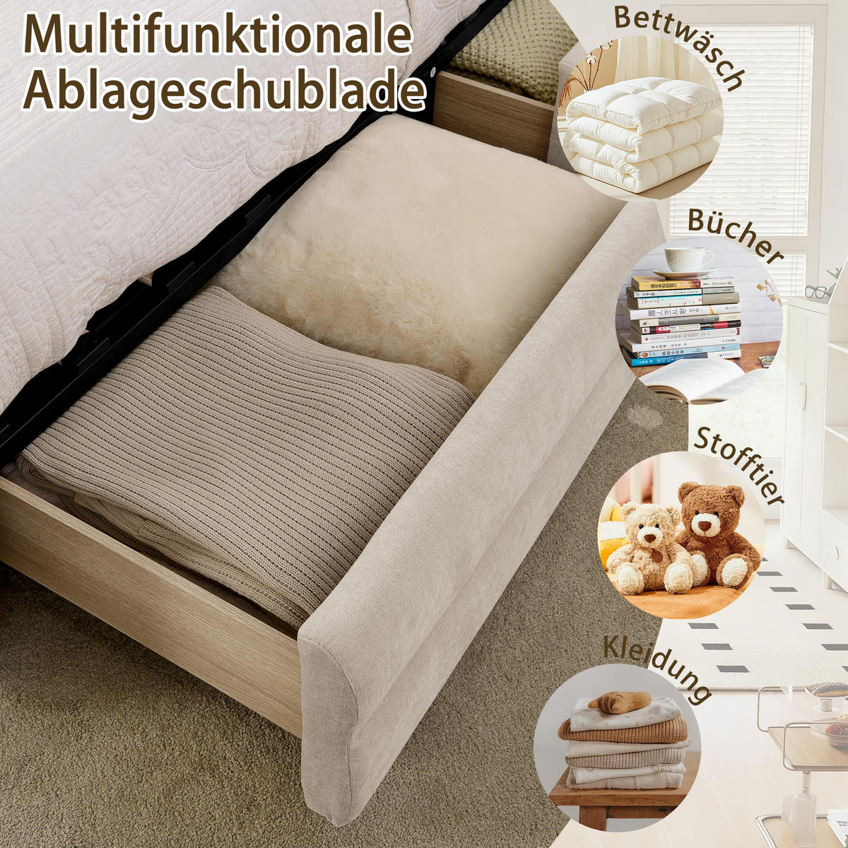 POLSTERBETT 160/200 cm in Beige Stoff mit 4 Schubladen, USB und Type-C - Beige, Holzwerkstoff/Textil (160/200cm) - WISHDOR