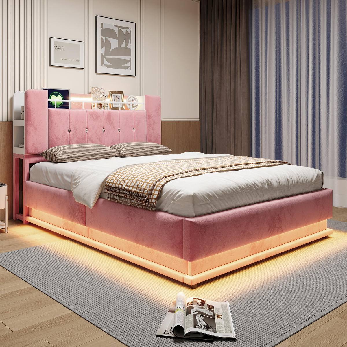 POLSTERBETT 140/200 mit Bettkasten, LED und USB-Anschlüssen in Rosa - Rosa, Holzwerkstoff/Textil (140/200cm) - EVRYAE