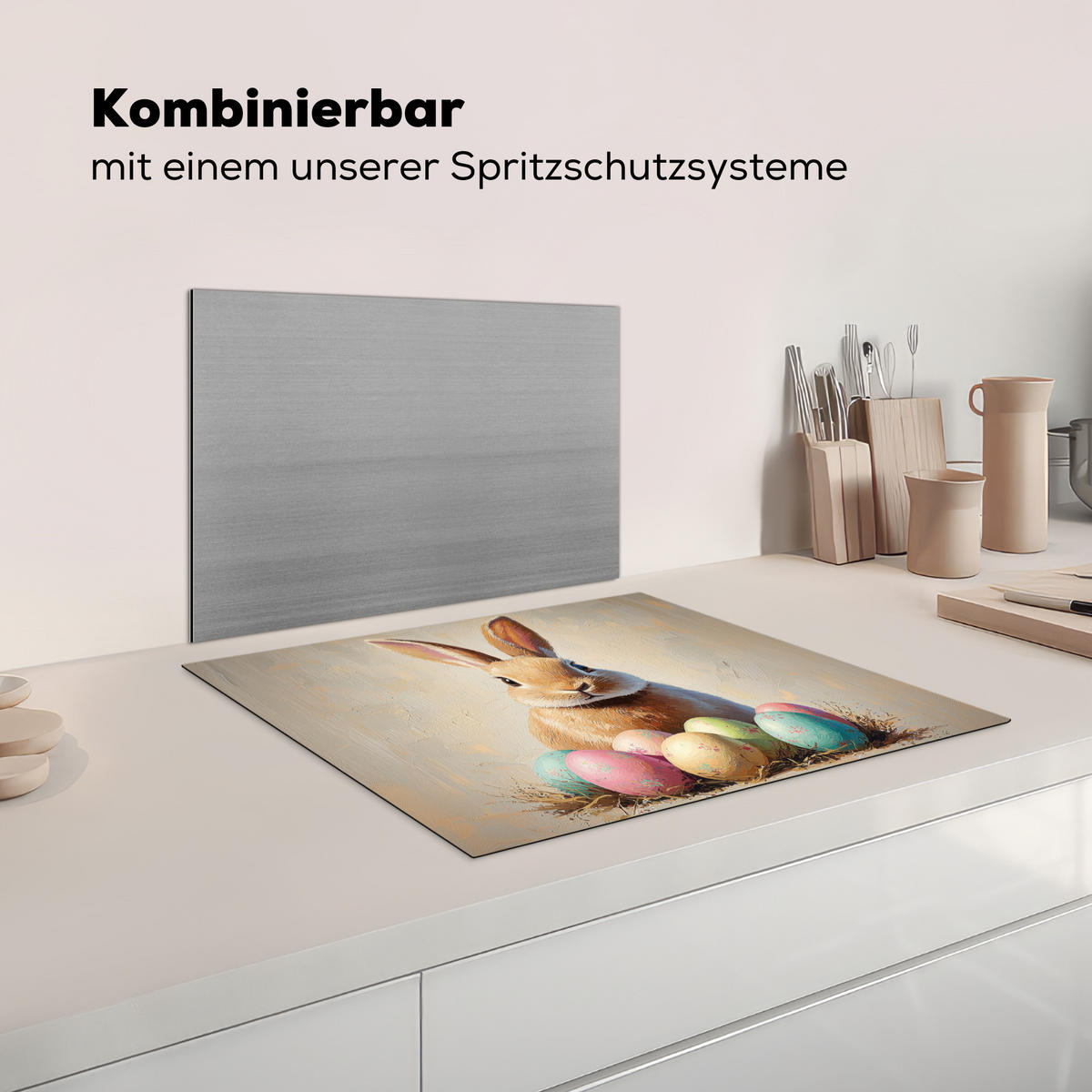 HERDABDECKPLATTE Osterhase - Pastell - Eier Herdabdeckung Induktionsfeld 65x52 cm - Beige, Kunststoff (65/52/0.2cm) - MuchoWow