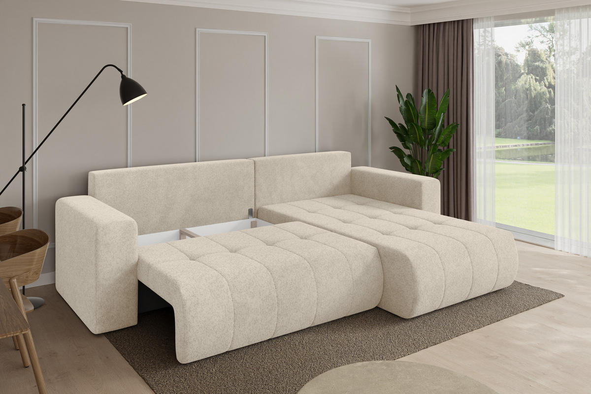 ROHOVÁ SEDAČKA s funkcí spaní, otoman vpravo MILA-L 277x194x86 krémová velur - černá/krémová, kompozitní dřevo/textil (277/194cm) - ALTDECOR