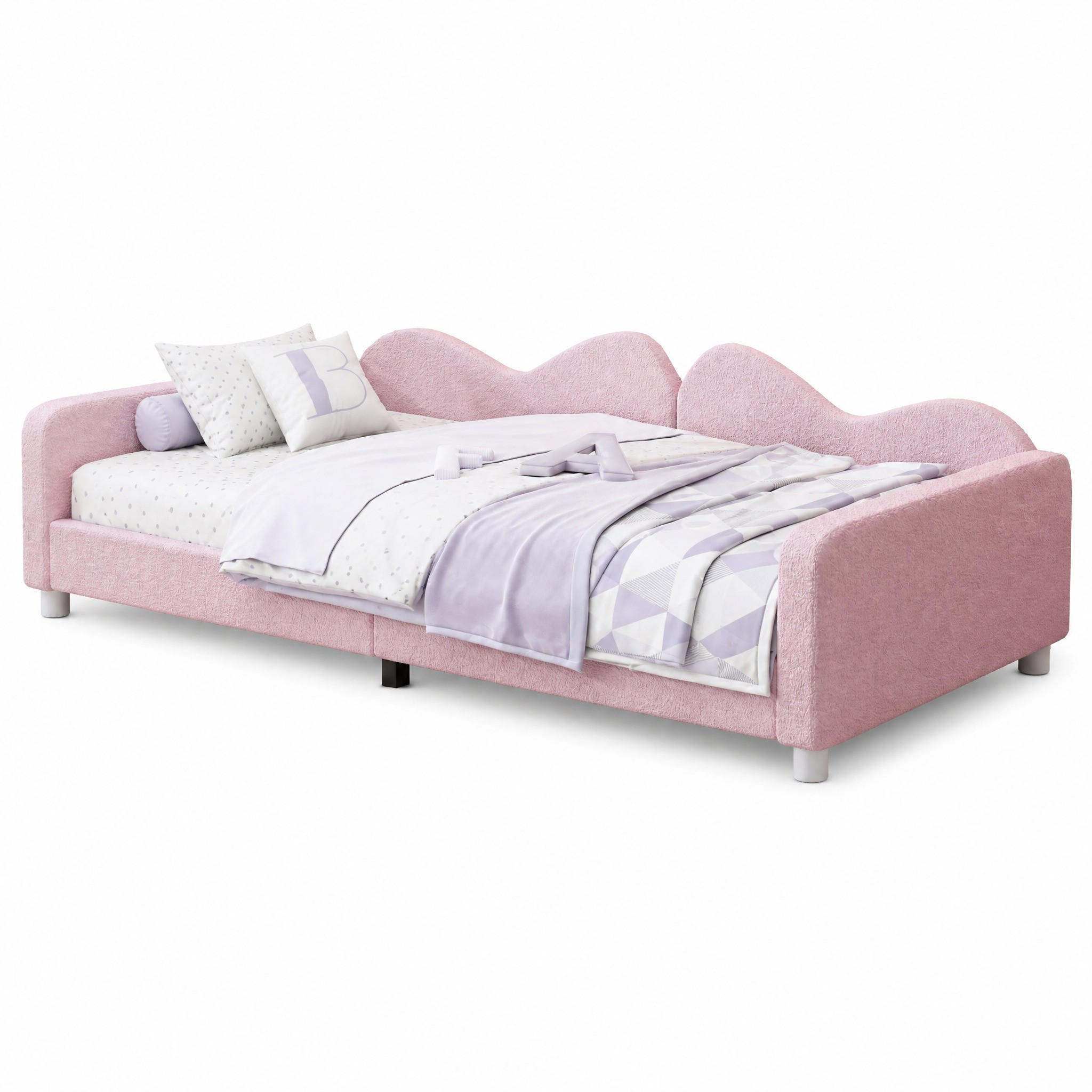 KINDERBETT 90/200 mit Rückenlehne und Armlehnen aus Teddystoff in Rosa - Rosa, Holzwerkstoff/Textil (90/200cm) - EVRYAE