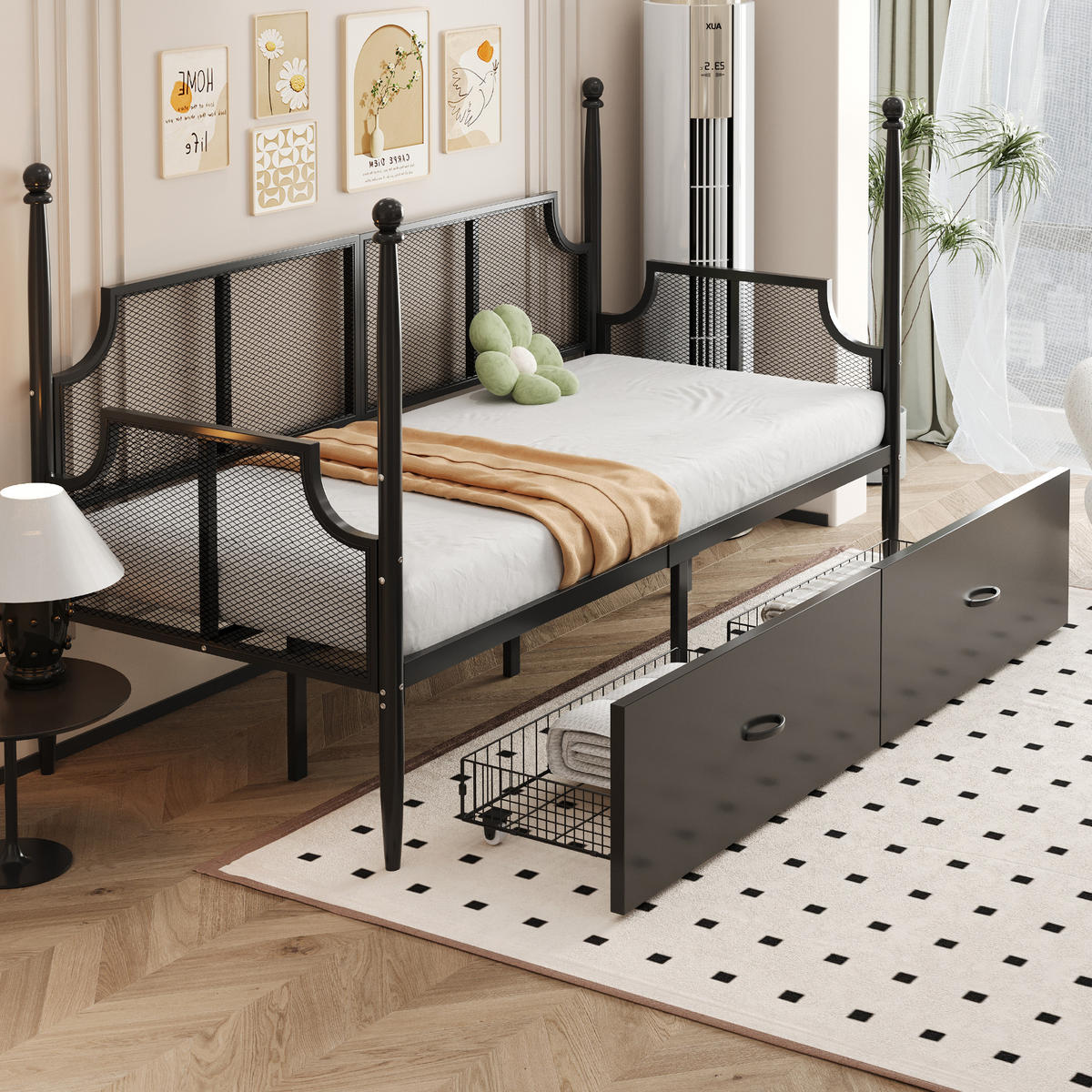 METALLBETT 90/200 cm Vintage Schwarz mit Ablagefächern - Schwarz, Metall (90/200cm) - OKWISH