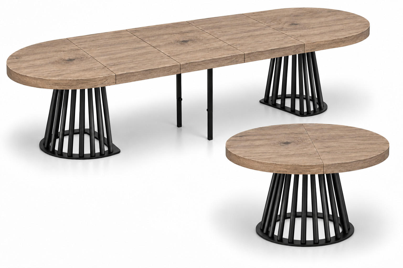ESSTISCH rund ausziehbar 100/300/76 cm, Graubraun Eiche Halifax Egger, 54 cm Tischplatte + Lamellen-Metallgestell Schwarz - Eichefarben/Graubraun, Holzwerkstoff/Metall (100/300/76cm) - Damale Möbel