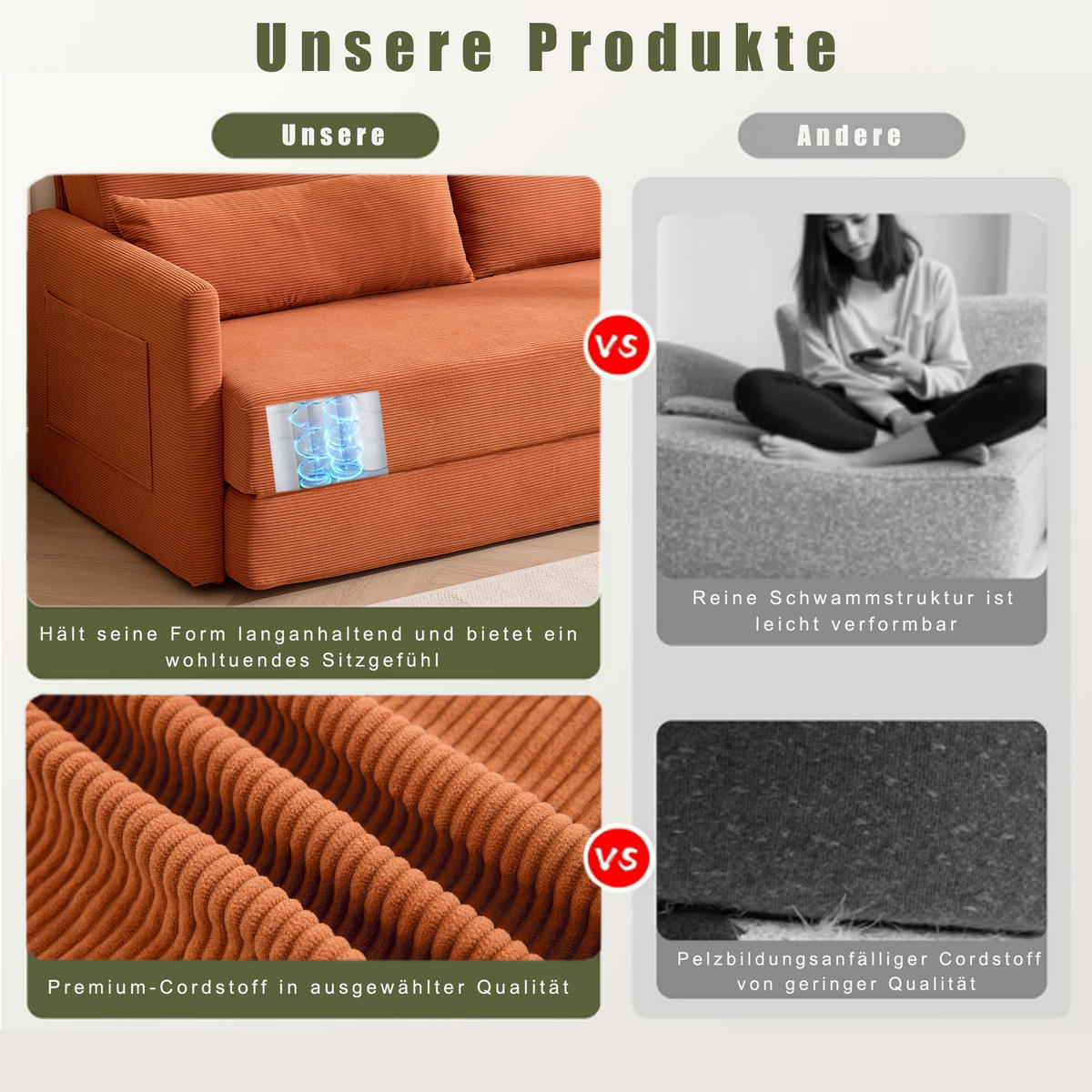 2-SITZER SCHLAFSOFA Cord Orange mit 2 Lendenkissen und 2 Magazintaschen - Orange, Holzwerkstoff/Textil (165/67/212cm) - WISHDOR