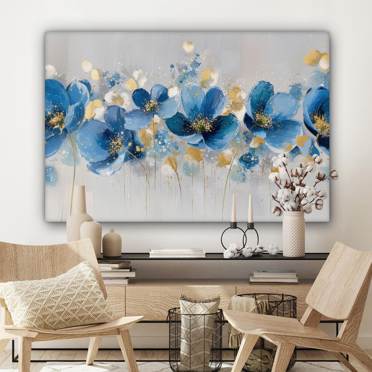 LEINWANDBILD Blumen - Blau - Abstrakt Groß 140x90 cm - Hellgrau, Textil (140/90cm) - MuchoWow