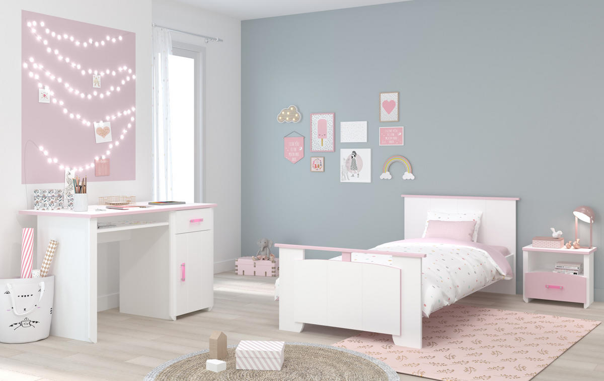 KINDERZIMMER Set 3-tlg Schreibtisch Nachttisch Bett 90 x 200 cm - Multicolor/Altrosa, Holz/Holzwerkstoff (160/79/200cm) - Parisot Meuble