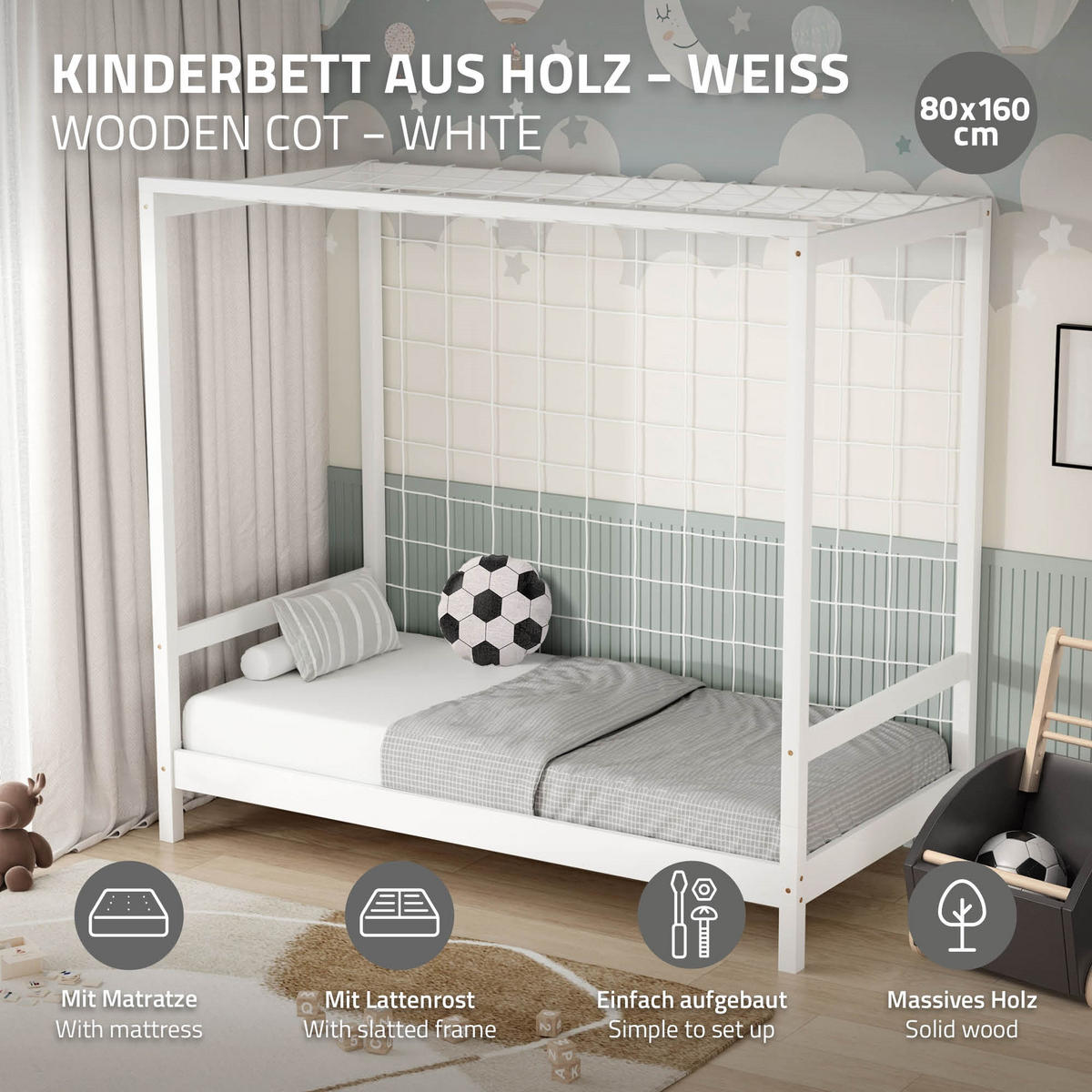 KINDERBETT Fußballtor mit Matratze 80x160 cm Weiß - Weiß, Holz (80/160cm) - ML-DESIGN