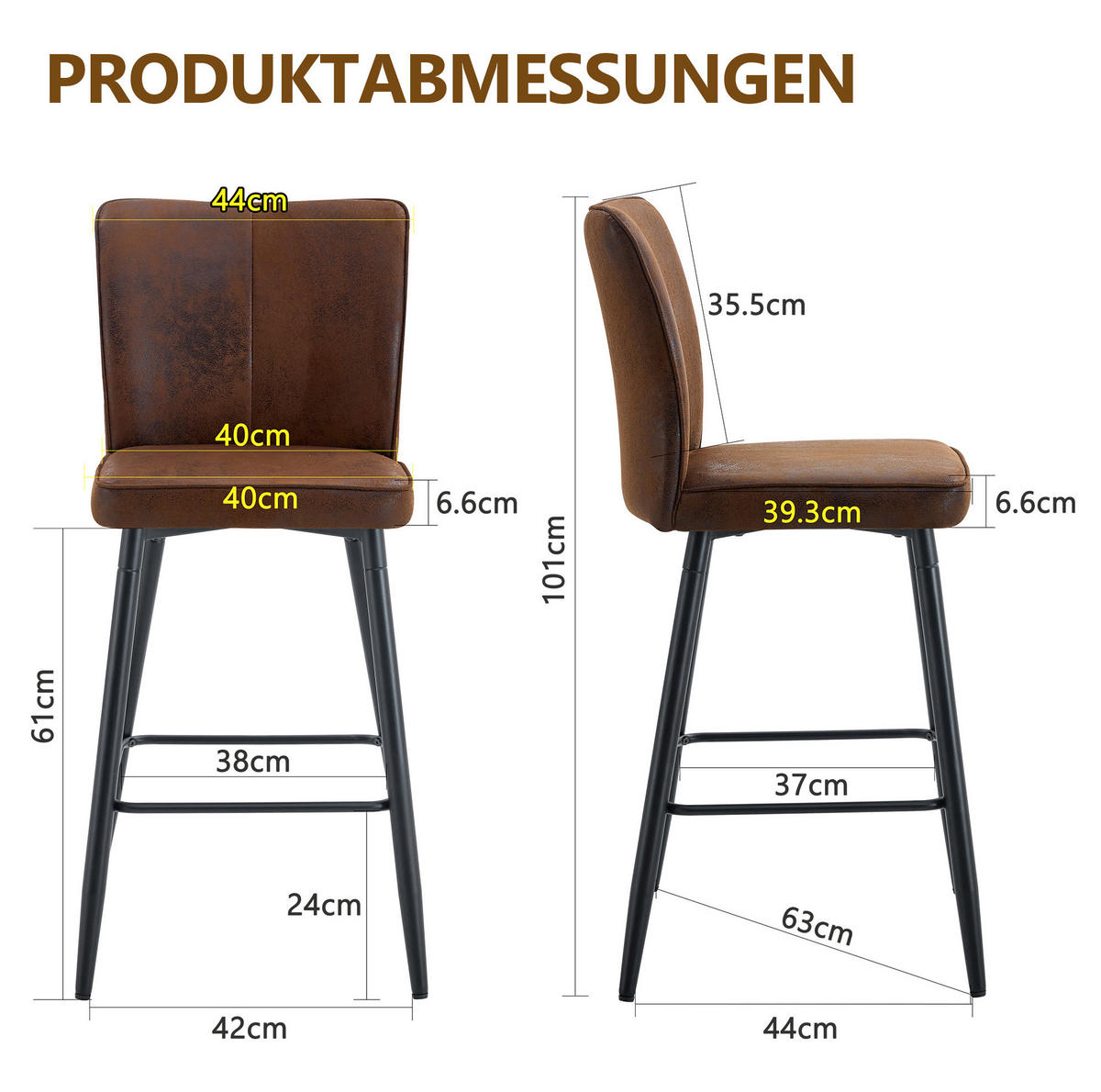 BARSTUHL ergonomische Rückenlehne ca. 101 cm Stoff Braun/Schwarz 2er-Set - Braun, Metall (44/101/44cm) - Meubliv