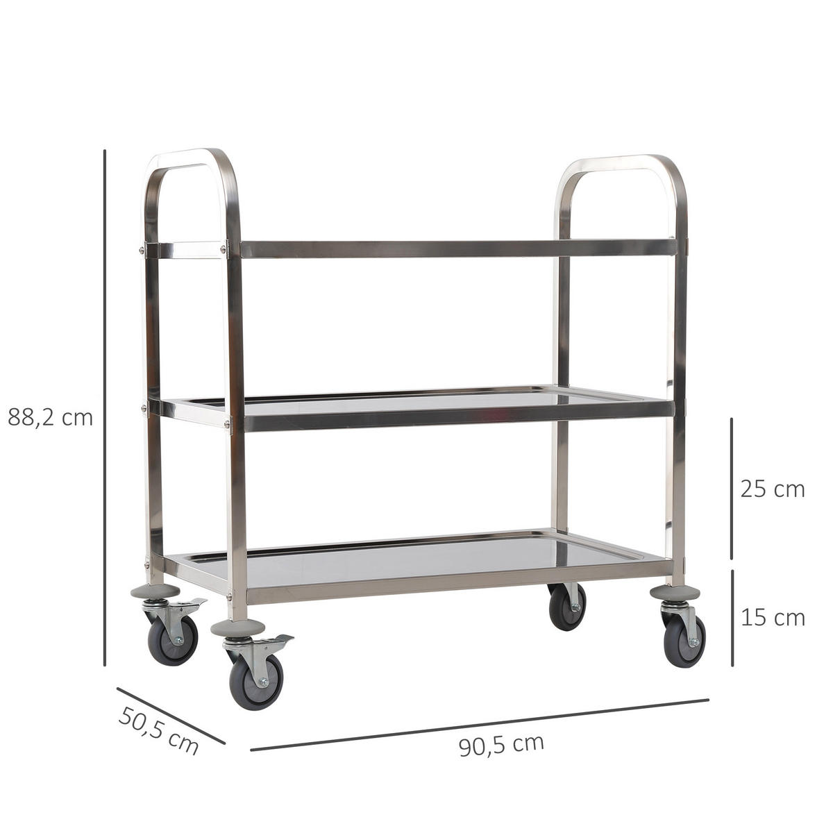 KÜCHENWAGEN DE-17091 3 Etagen aus Edelstahl Silber - Grau, Metall (50.5/88.2/90.5cm) - ComfortXL