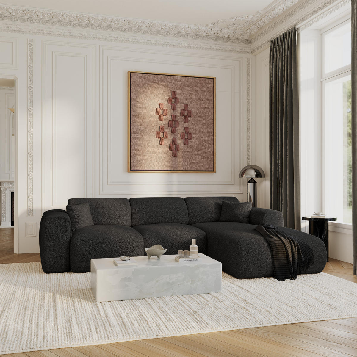 ECKSCHLAFSOFA Bouclé-Stoff Schwarz 283cm - Schwarz, Textil (283/180cm) - Sia Home