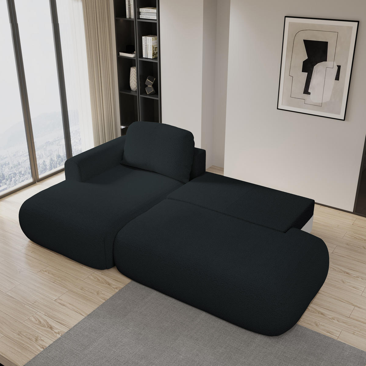 ECKSOFA NUVIRA L-S Schwarz Boucle-Stoff mit Schlaffunktion - Schwarz, Holz (274/165cm) - MASSENO