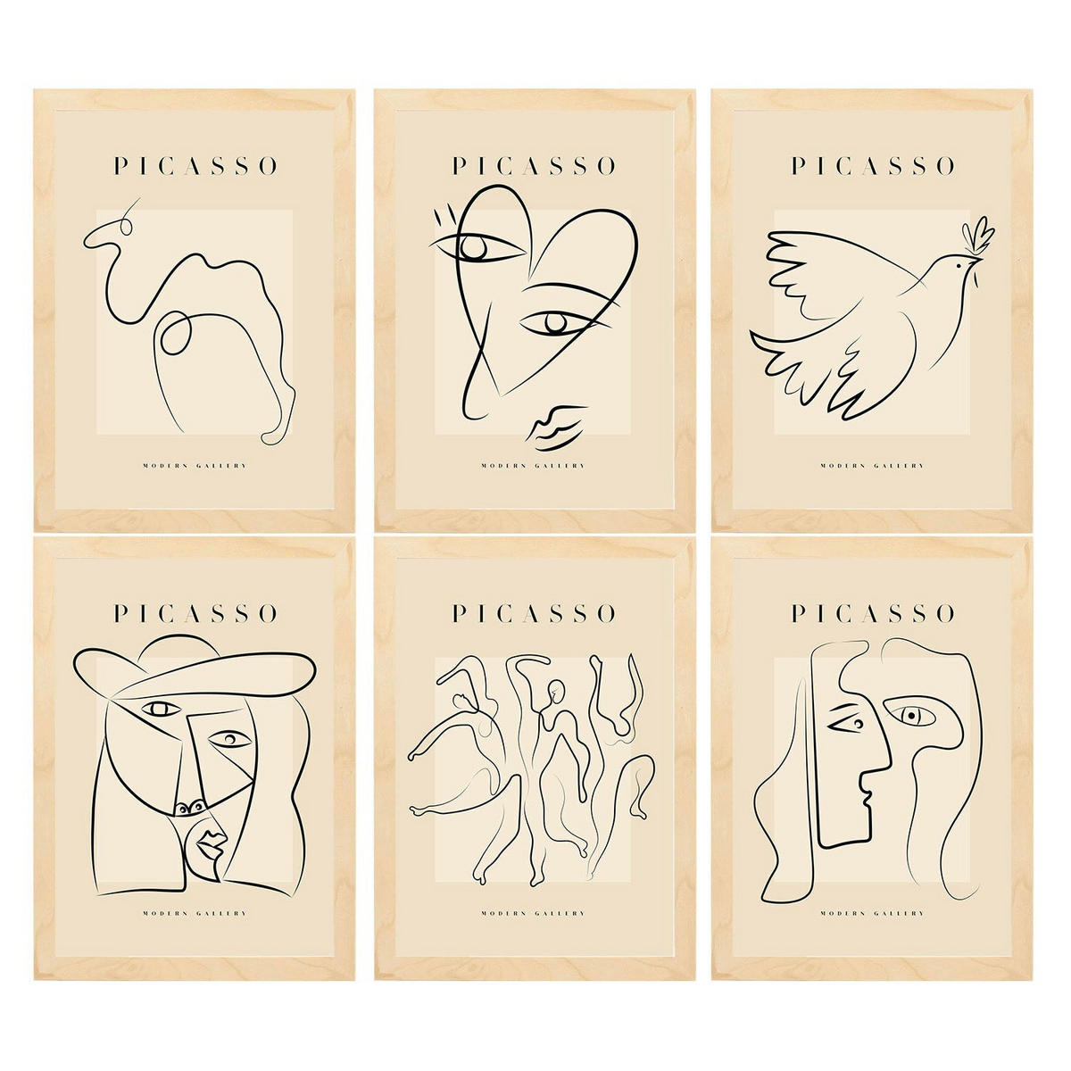 POSTER Set Mit 6 Illustrationen Von Pablo Picasso Frieden A3 Rahmen Aus Hellem Holz - Beige, Papier (29/3cm) - Nacnic