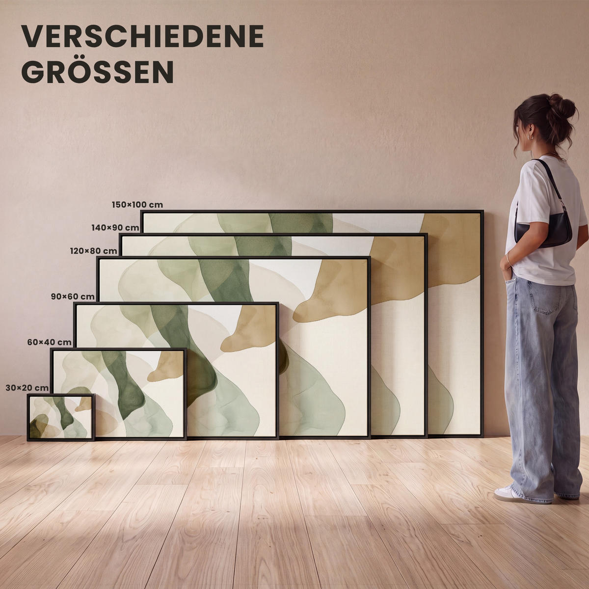 LEINWAND Bilder mit Rahmen - Japandi - Abstrakt - Grün - 140x90 - Salbeigrün, Textil (140/90cm) - MuchoWow