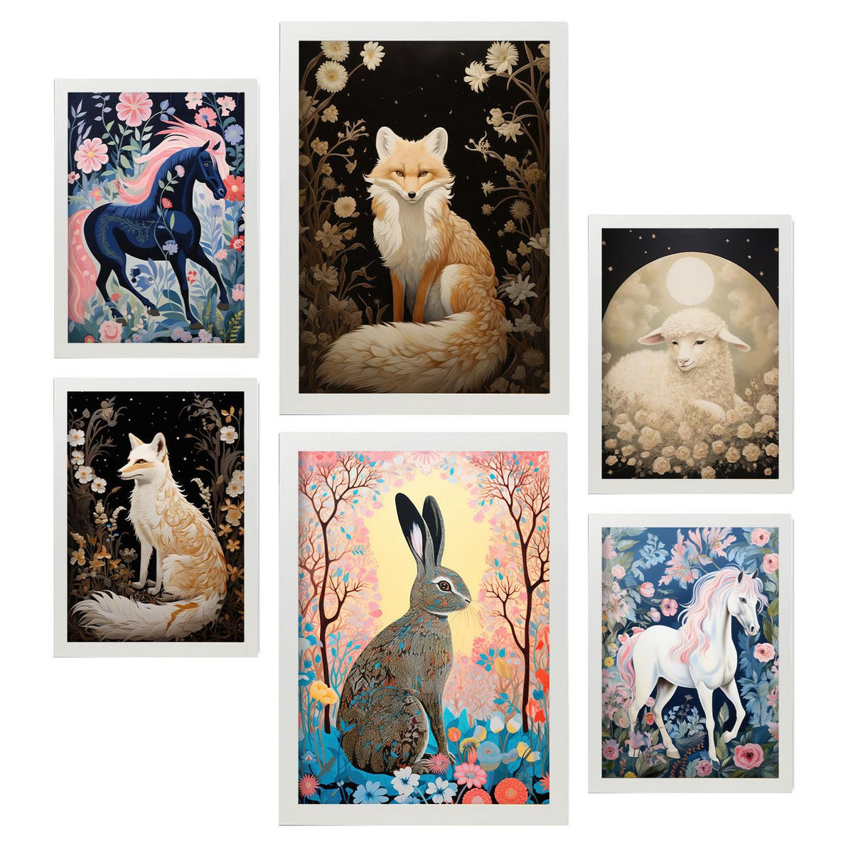 POSTER Set Mit 6 Blumentiere A3 & A4 Weißer Rahmen - Weiß, Papier (29/3cm) - Nacnic