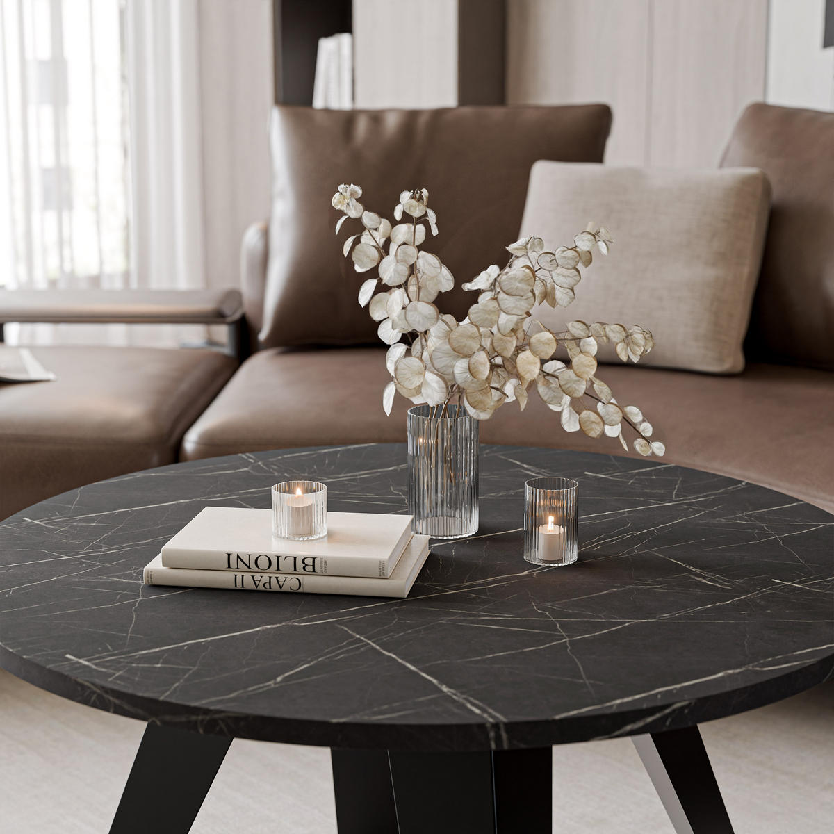 COUCHTISCH FRESCO 75/50 cm runden, Schwarz / Grigia Pietra (Steingrau) - Schwarz/Grau, Metall (75/75/50cm) - Idohome