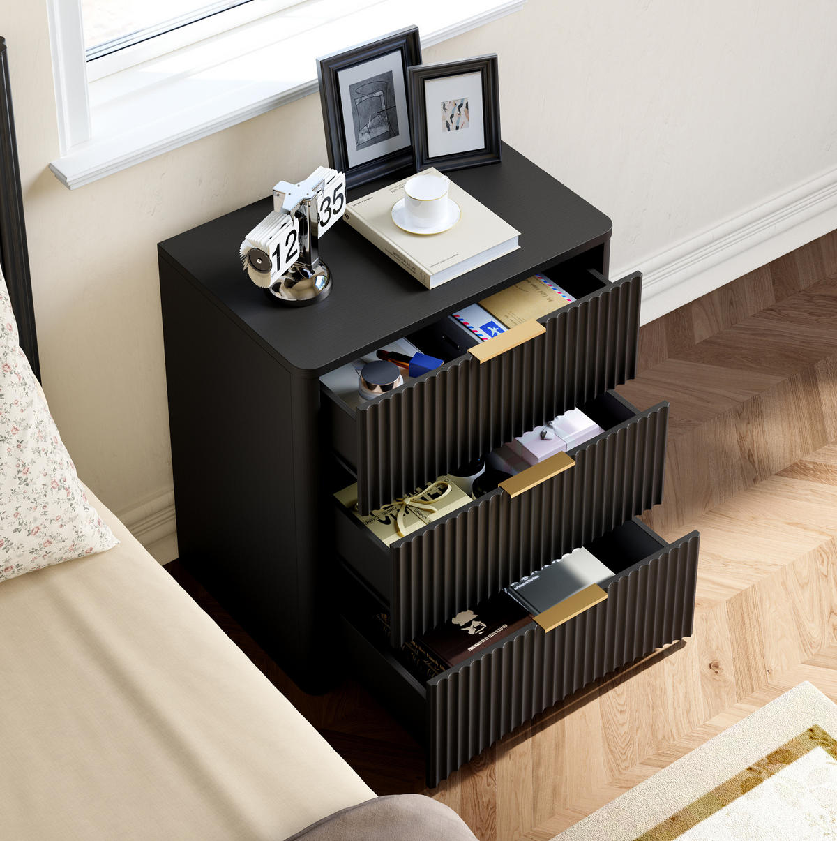 NACHTTISCH mit 3 Schubladen 58/38/64 cm in Schwarz mit Soft-Close - Schwarz, Holzwerkstoff (38/64/58cm) - BEAOK