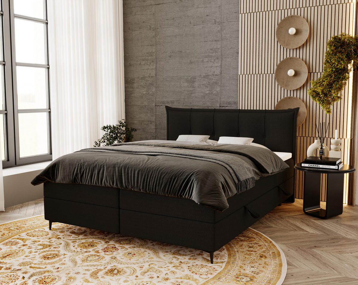 BOXSPRINGBETT Boucle 200x200 Liron mit Kissen-Kopfteil und Matratze, Schwarz - Schwarz, Holz/Textil (200/200cm) - Emporius
