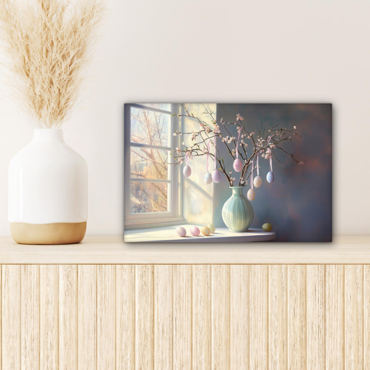 LEINWANDBILD Stillleben - Vase - Osterzweig Deko Schlafzimmer 30x20 cm - Hellblau, Textil (30/20cm) - MuchoWow