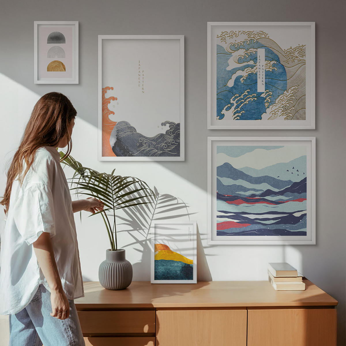 WANDBILDER 5er-Set - 50x50 cm & 20x30 cm & 40x60 cm Weißer Rahmen - Stilvolle moderne Blumen - Weiß, Kunststoff (40/60cm) - ArtPrintCave