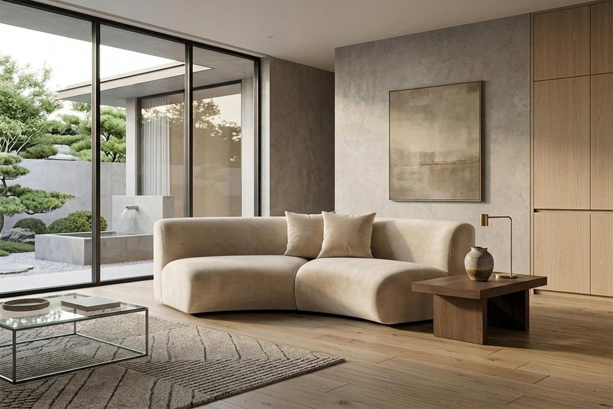 SOFA Round, Velvet-Stoff Bluvel, Creme, GRETA - Creme, Holz (294/70/89cm) - Kaiser Möbel