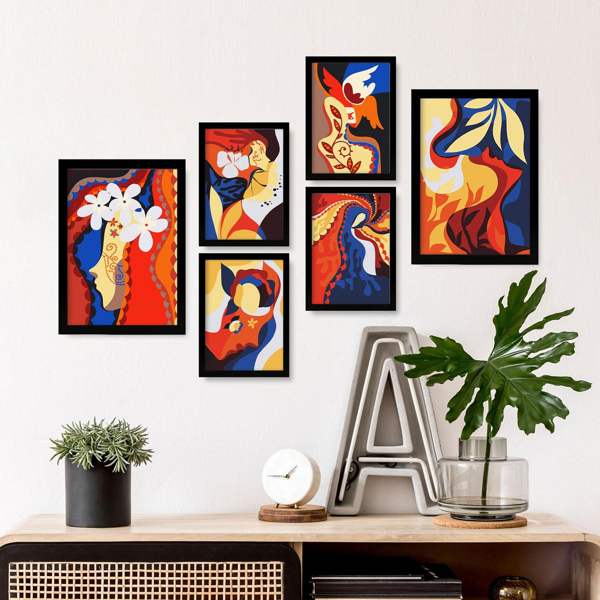 POSTER Set Mit 6 Zarte Collage im femininen abstrakten Stil Größe A3 & A4 Schwarzer Rahmen - Schwarz, Papier (29.7/1cm) - Nacnic