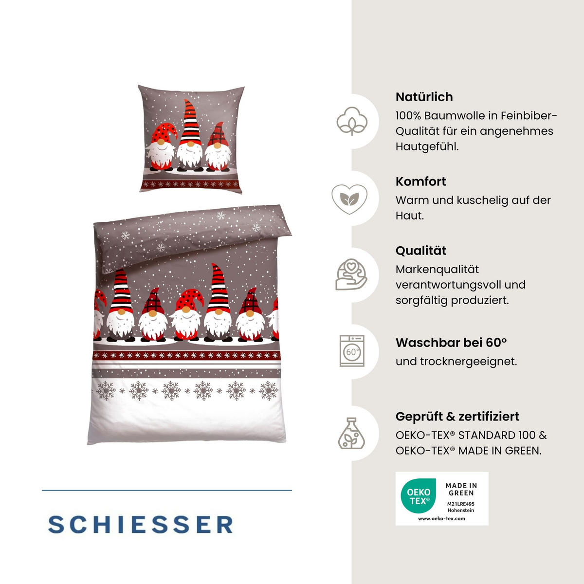 BETTWÄSCHESET Wichtel - Feinbiber - 2-teilig - 155x220 cm - Grau - Grau, Textil (155/220cm) - SCHIESSER
