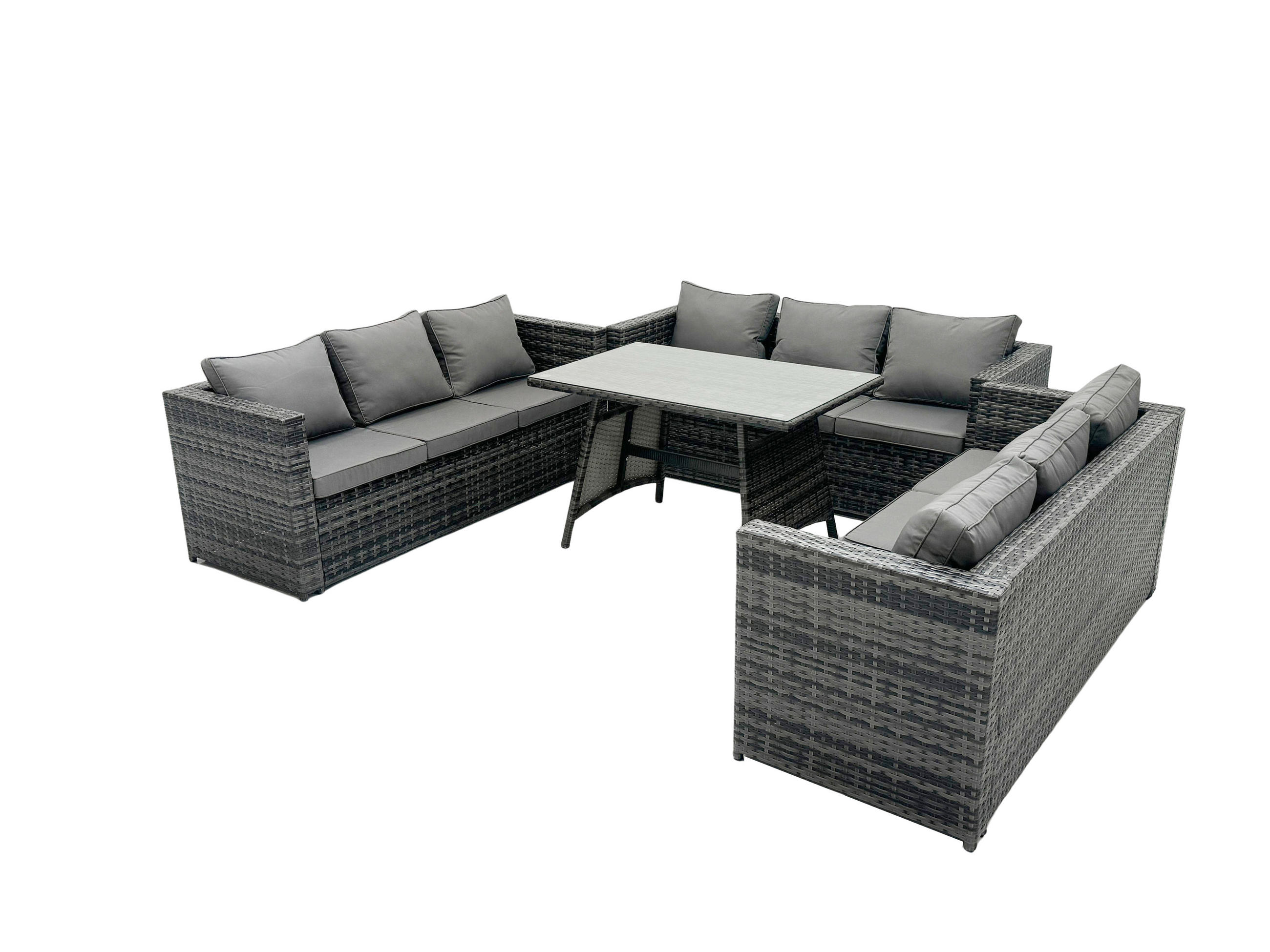 LOUNGESOFA SET Polyrattan 9-Sitzer - Dunkelgrau/Grau, Glas/Kunststoff - Fimous