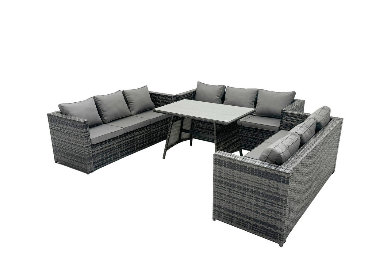 LOUNGESOFA SET Polyrattan 9-Sitzer - Dunkelgrau/Grau, Glas/Kunststoff - Fimous
