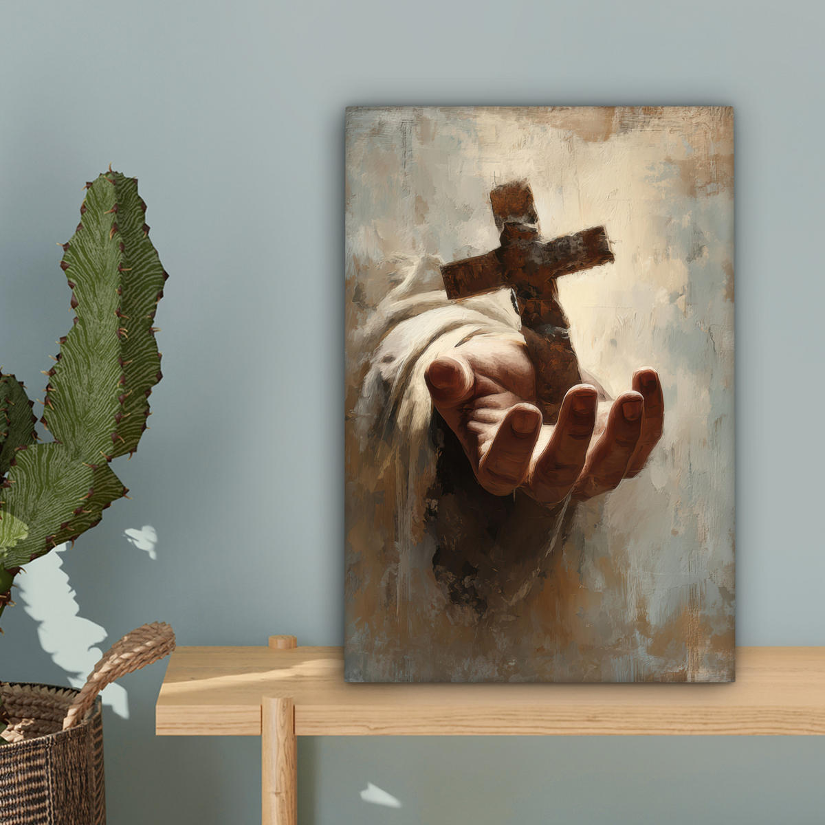 LEINWANDBILD Abstrakt - Kreuz - Hand - Christentum Deko Wohnzimmer 20x30 cm - Hellbraun, Textil (20/30cm) - MuchoWow