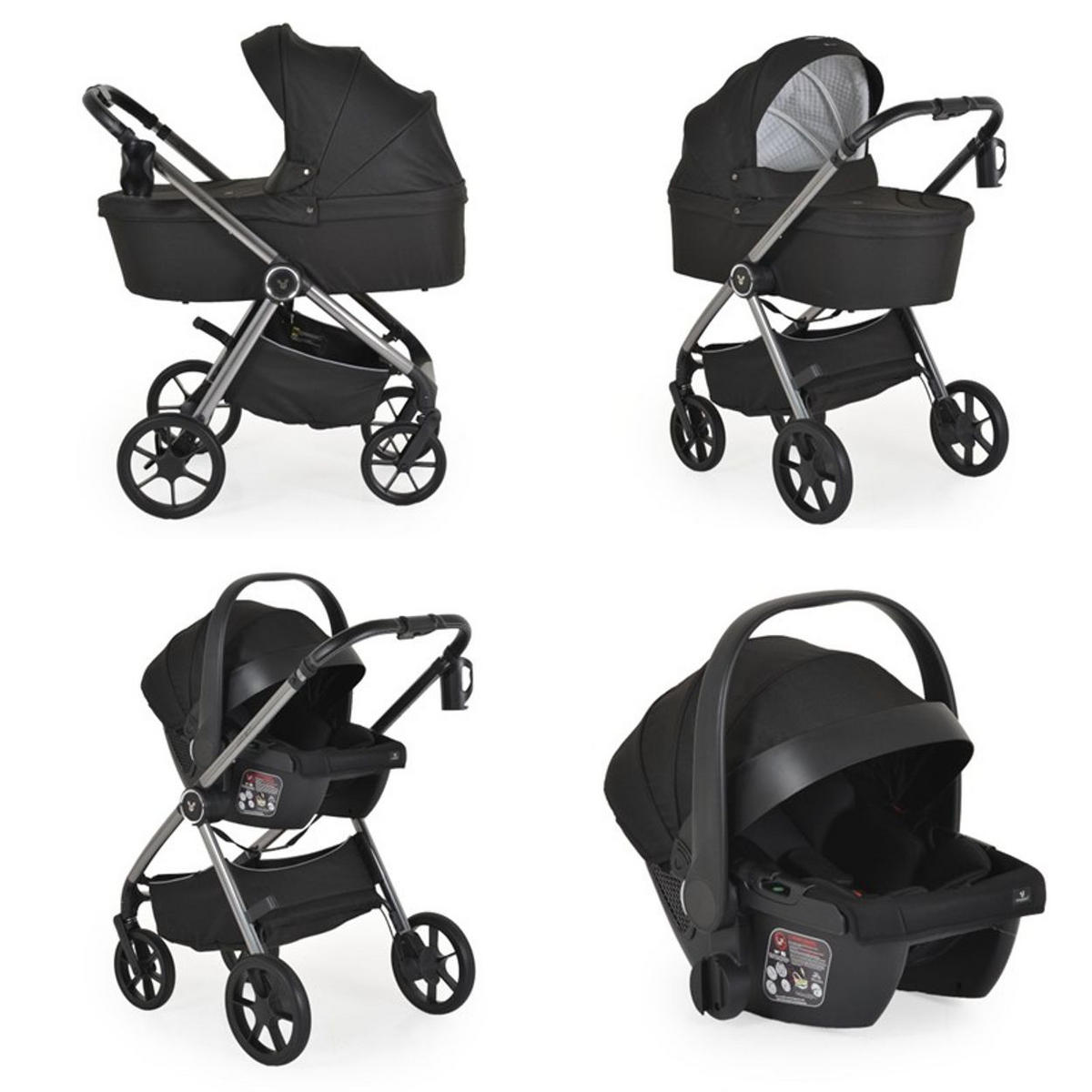 KOMBIKINDERWAGEN Unique 3 in 1 schwarz Babyschale Stoßdämpfer PU-Räder Tasche - Schwarz, Metall (75/59/104cm) - Cangaroo