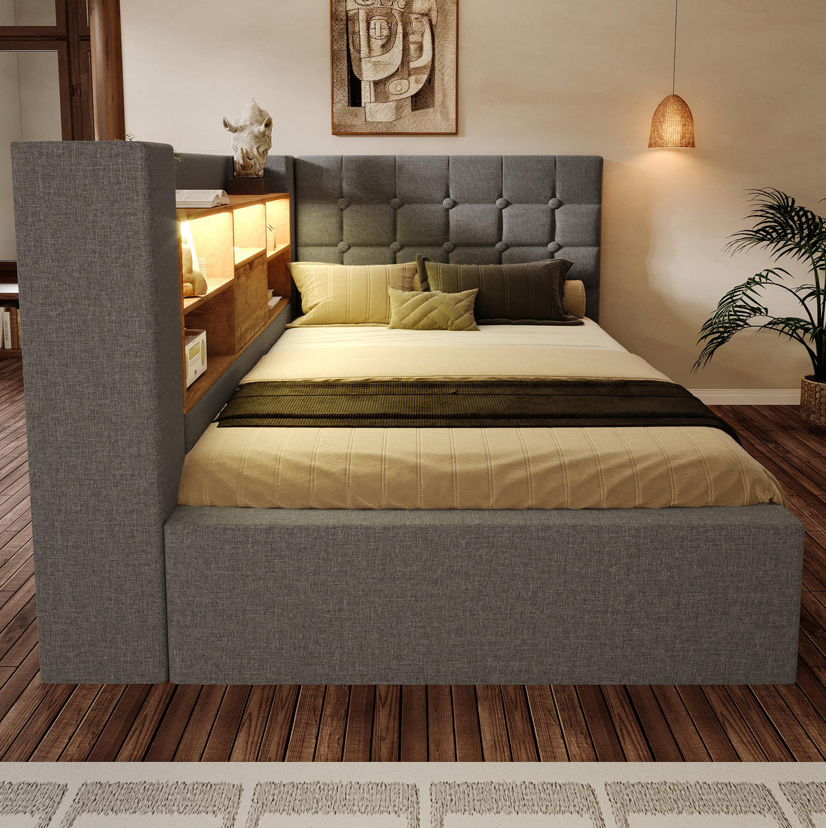 BETT mit Stauraum 90x200 cm Leinen Grau - Grau, Metall (90/200cm) - Meubliv