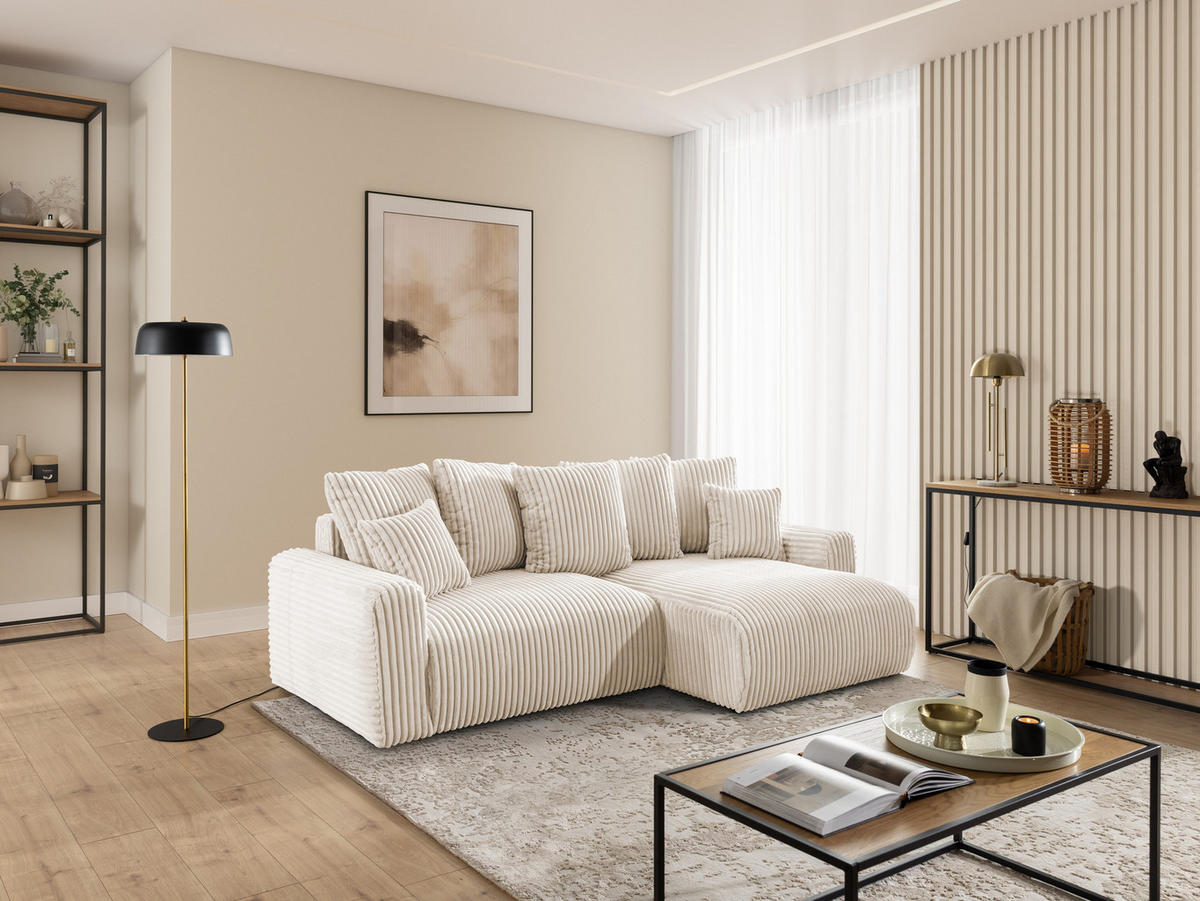 ECKSOFA Calma mit Schlaffunktion und Bettkasten im Bumpy-Design aus weichem Creme Plüschcord - Ottomane rechts - Creme/Schwarz, Holz/Kunststoff (140/239cm) - S-Style