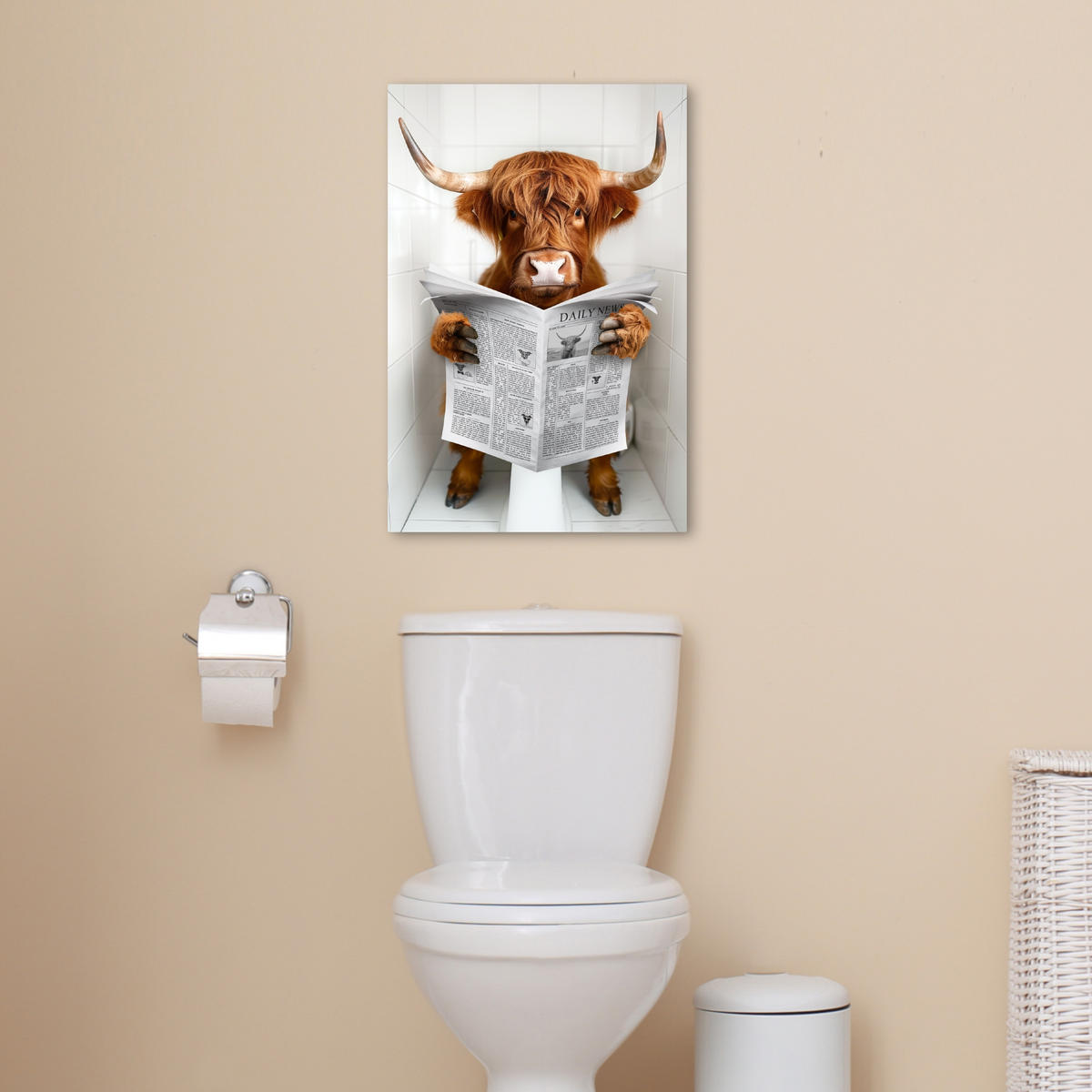 LEINWANDBILD Schottischer Highlander - Tier - Zeitung - Toilette 40x60 cm - Kastanienfarben, Textil (40/60cm) - MuchoWow