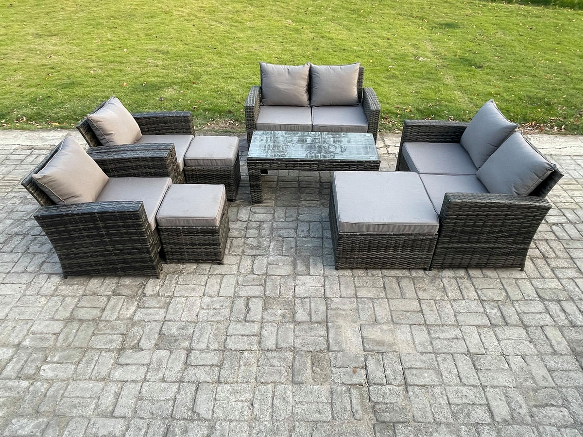 GARTENSET Polyrattan Dunkelgrau 9-Sitzer - Dunkelgrau, Metall - Fimous